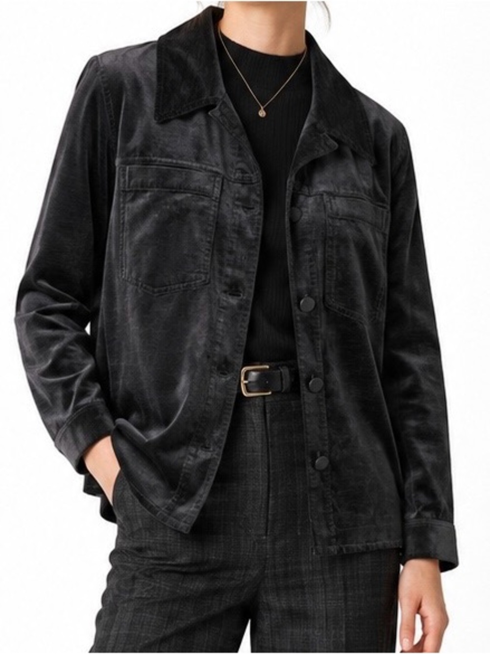 Cabi Black Velvet Utility Shirt Jacket Size Large Cotton Rayon Shacket